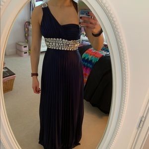 My Michelle blue silk and silver gem prom dress